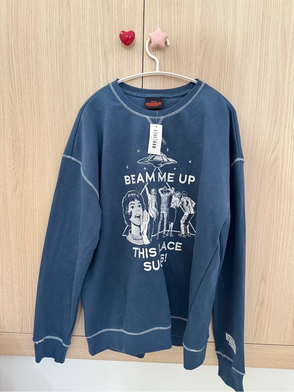 Beam Me Up Graphic Crewneck Sweater - Navy M Stranger Things NWT
